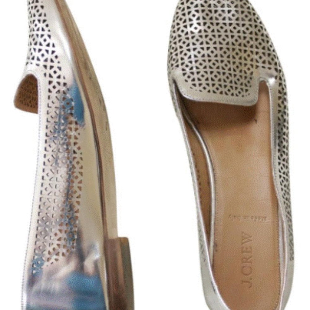 J. Crew Silver Metallic Laser Cut-out Slip On Loafers Flats